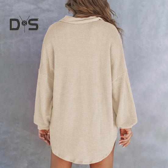 Women Tops Lapel Buttons Half Placket Long Sleeve Pullover Tops Solid Color Waffle Texture Stretchy Blouse Daily Wear
