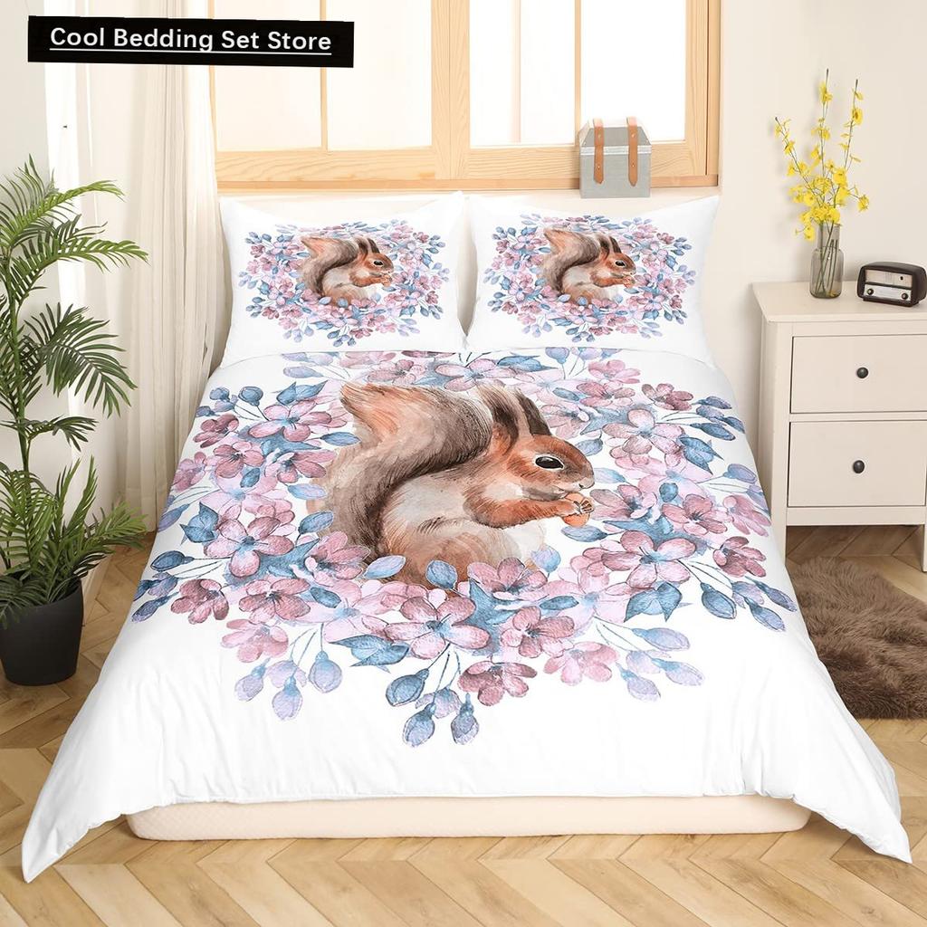 3D Squirrel King Queen Duvet Cover Soft Wildlife Green Leaves Bedding Set for Kids Teens Adults 2 3pcs