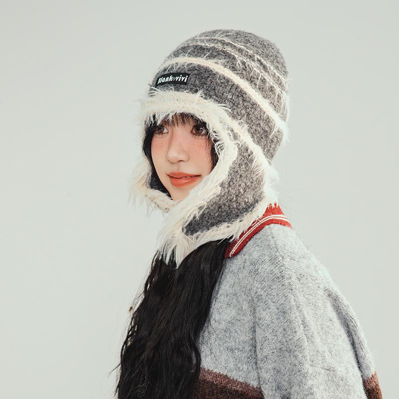 Contrast Color Neck Plush Hat Women's Autumn and Winter Warm Ear Protection Knitted Hat Big Head Circumference Fashionable and Cute Headgear
