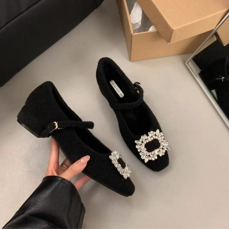 Fashion Thick Heel Single Shoes Women's Commute Shallow Mouth Rhinestone Not Tired Thick Heel Shoes Womens Shoes Zapatos De Mujer
