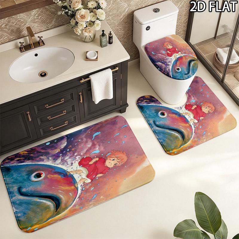 3pcs Ponyo2 Pattern Flannel Nonslip Absorbent Washable Decorative Bathroom Home Toilet Seat Cover Mat