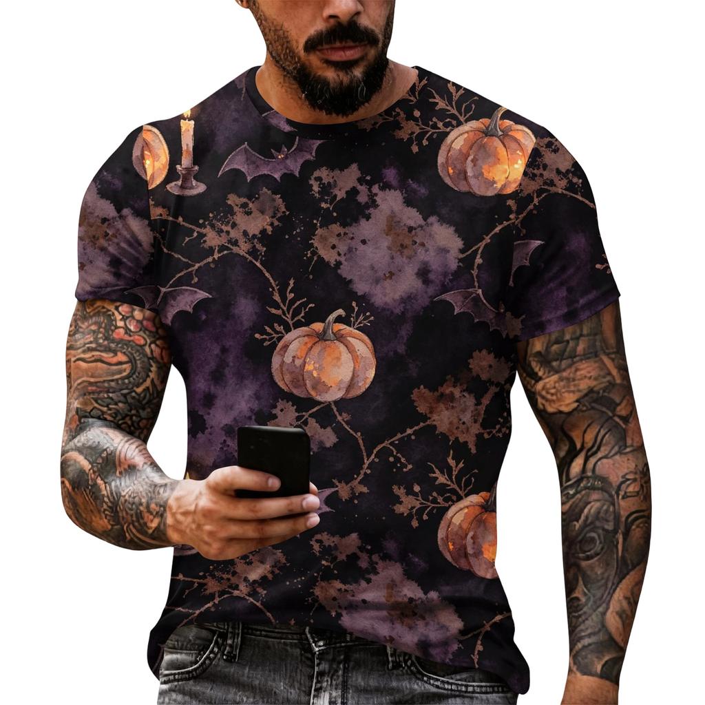 Men Halloween Graphic Short Sleeve T Shirt Casual Loose Fit Summer Daily Wear Top with Pumpkin and Spider Web Print