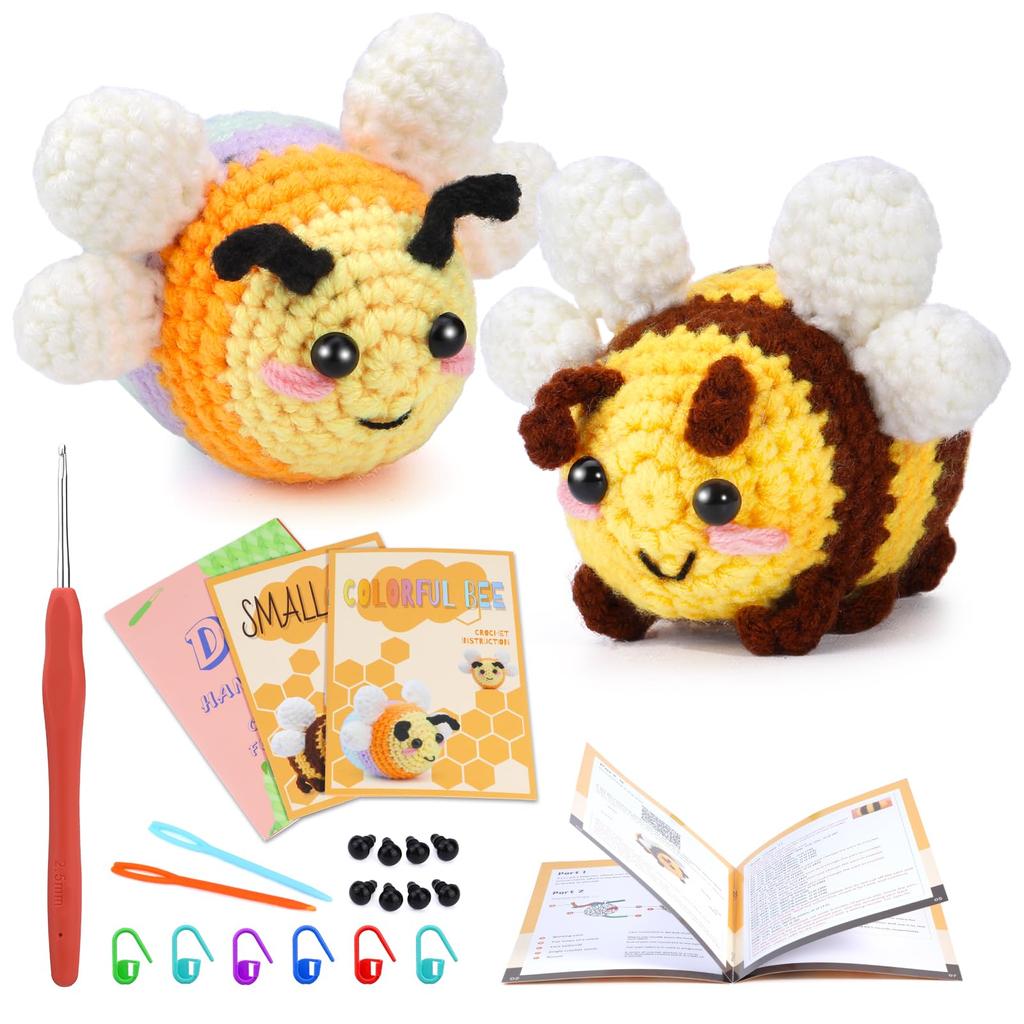 Fenrry Crochet Animal Kit Bee with Hook Yarn Set for Beginners Adults DIY Craft Supplies Step-by-Step Video Tutorials