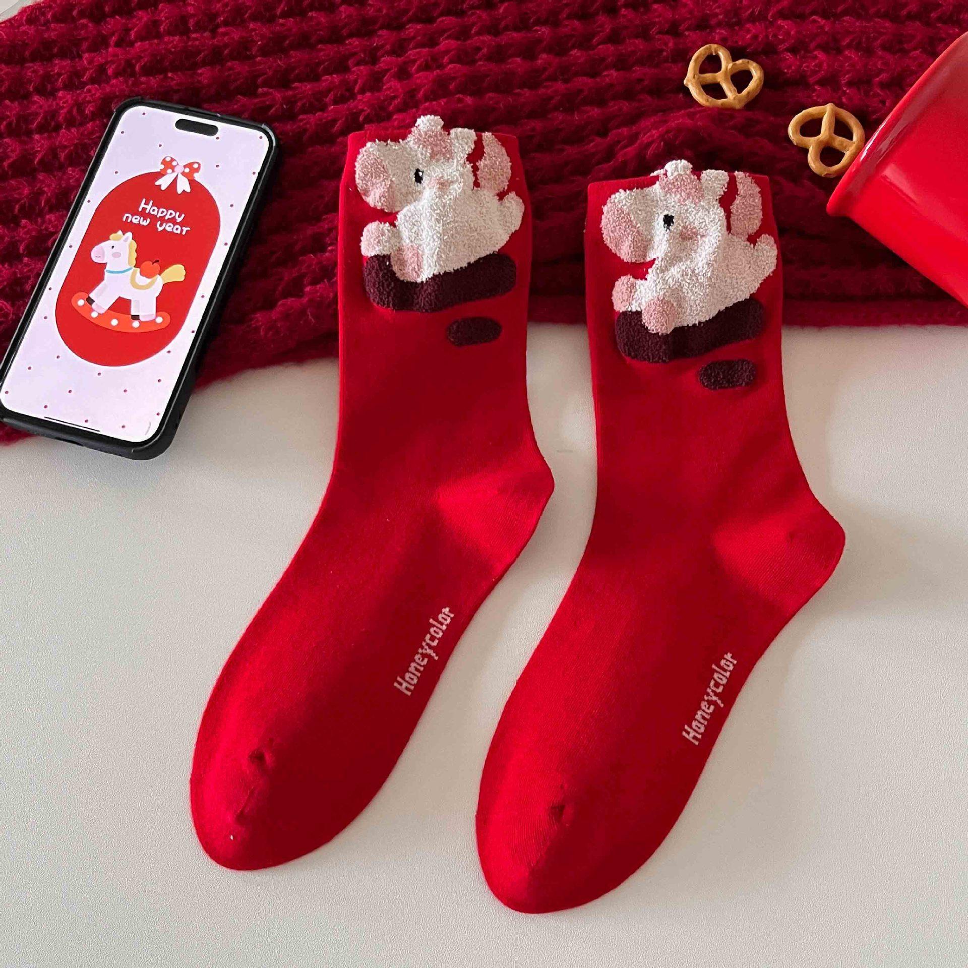 

New Year S Big Red Socks Plush Cartoon Red Socks Bow Medium Tube Hongyun Socks