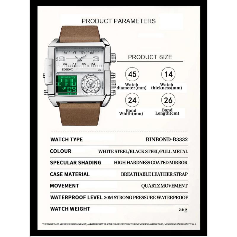 BINBOND Fashion Square Big Dial Wristwatch Three Display Quartz Watch for Men Multifunctional Sports Clock Male Wristwatch