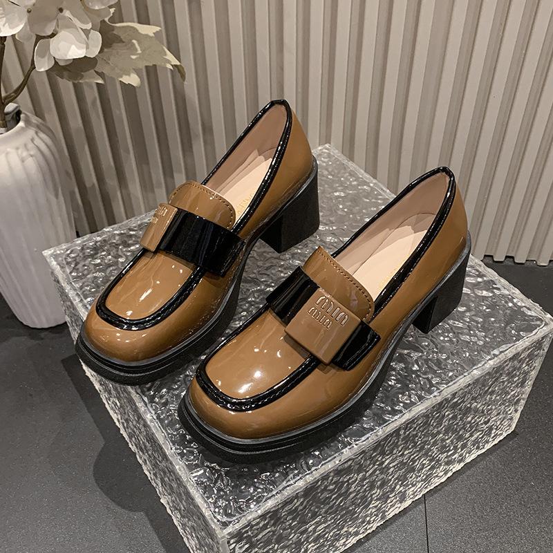 Spring and autumn square head black small leather shoes one-pedal loafers high heels 2025 new versatile bright leather women's single shoes