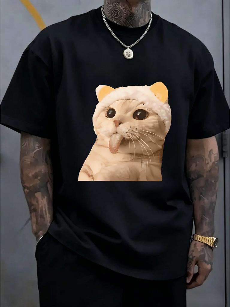 Adorable Light Yellow Kitty With Hat Print Unisexs Short Sleeve Tee Crew Neck Sweet Cat Pattern Casual Outdoor Daily Comfort Top