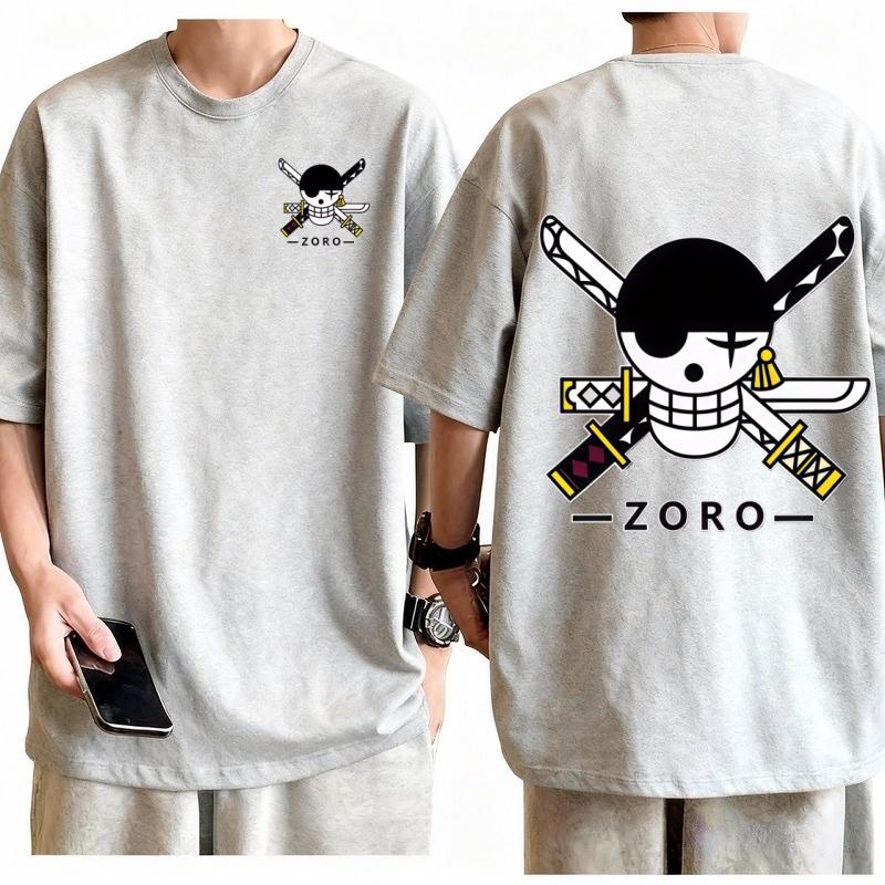 One Piece Roronoa Zoro Doppelschwert Y2K T-Shirt Herren 100% Baumwolle Anime Grafik-T-Shirt Rundhals Kurzarm Lässiges Streetwear Oberteil