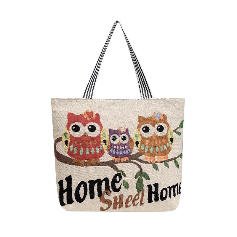 Female Jacquard Cloth Bag Handheld Large Bag Owl Embroidery Large Capacity Folding Shopping Bag Mommy Bag