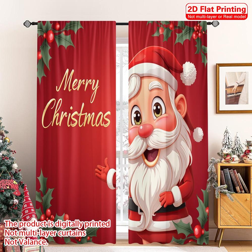2pcs 2D Flat Printing Christmas Party Curtain Vintage Santa Merry Christmas 100% Polyester Fabric Without Electricity 0 Perfect