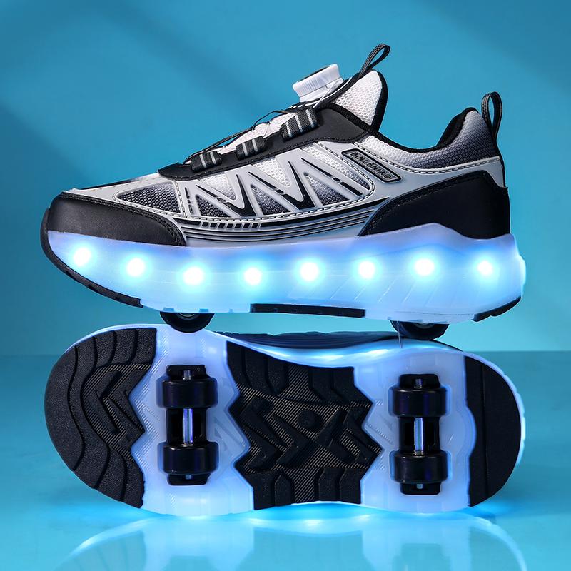 Chaussures de Sport à Lumières pour Enfants Chaussures à Roulettes Chargement et Démontage Chaussures à Roulettes à Quatre Roues LED Baskets Lumineuses pour Enfants