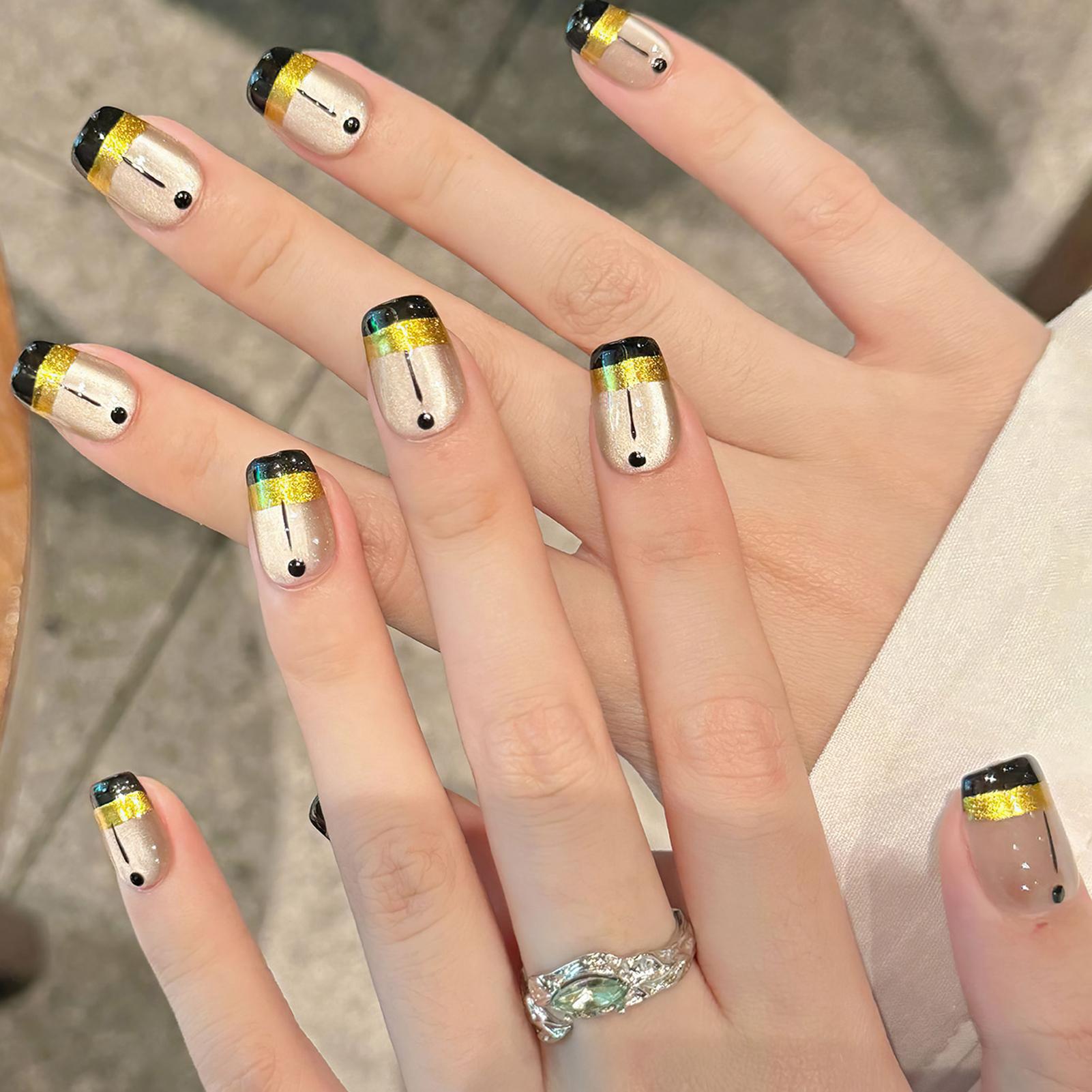 10Pcs Short Gradient Metal Wave French Line Handmade Fake Nails XS чёрный/красный