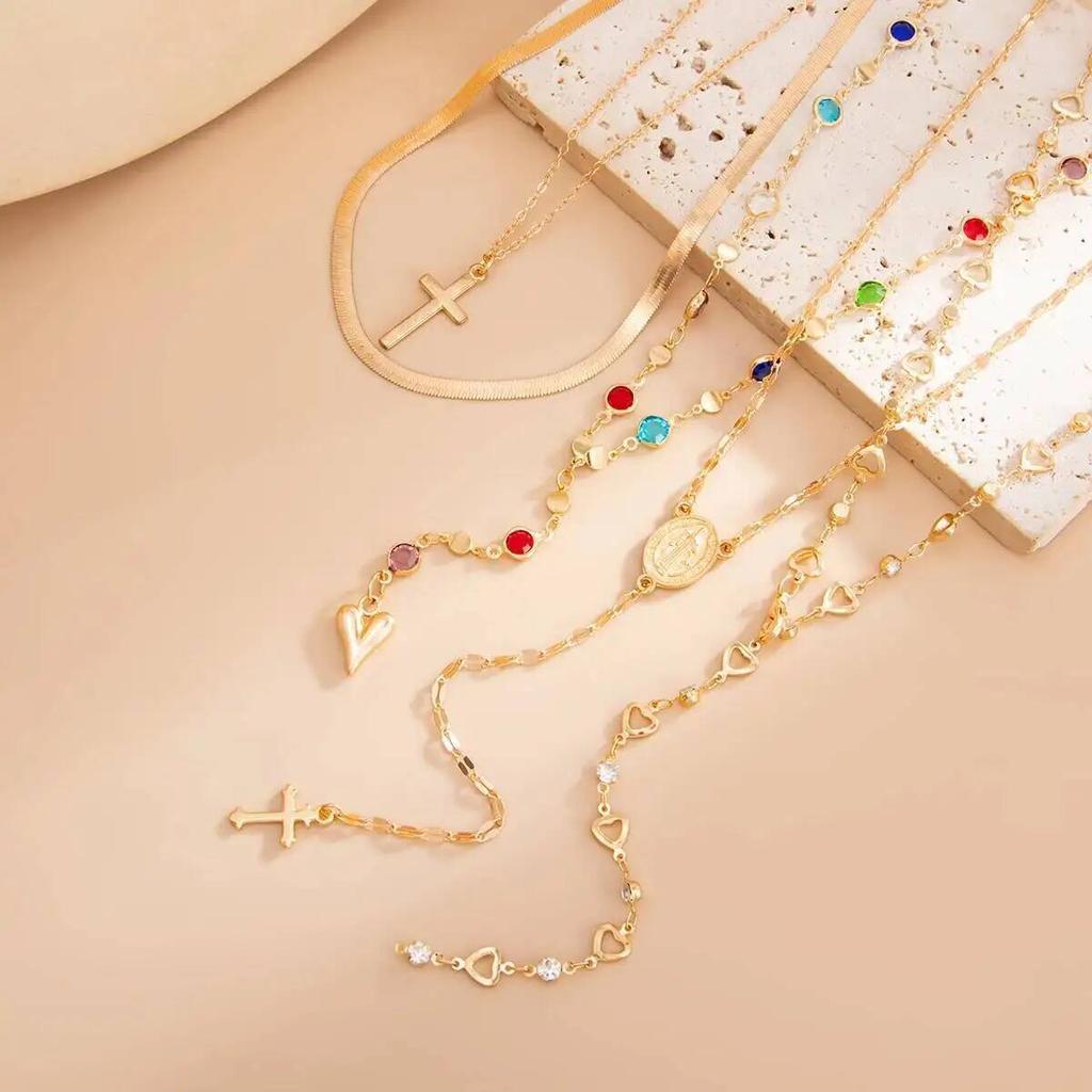 SHIXIN 5 Stück/Set Mode Y-förmige Bunte Kristall Schlüsselbein Kette Damen Boho Exquisit Gold Farbe Kreuz Anhänger Halskette Schmuck