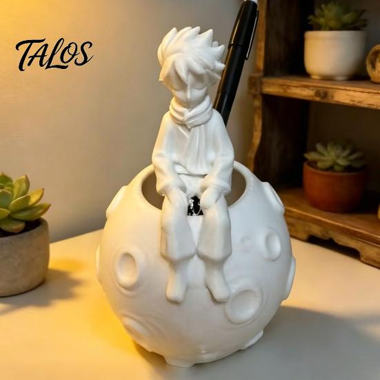Pen Pencil Organizer 3D Printed Little Prince on Planet Holder, Multi-Functional Hollow Storage for Fine Detail Moon Pattern Decor Makeup Brushes,