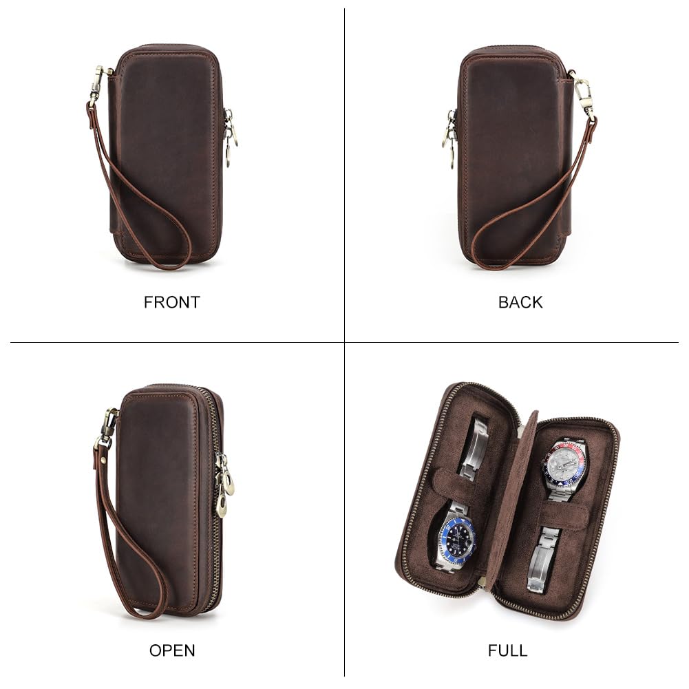 Contact's Family Genuine Leather Watch Case for 2 Watches, Portable Dustproof Travel Watch Case with Double Zipper Design