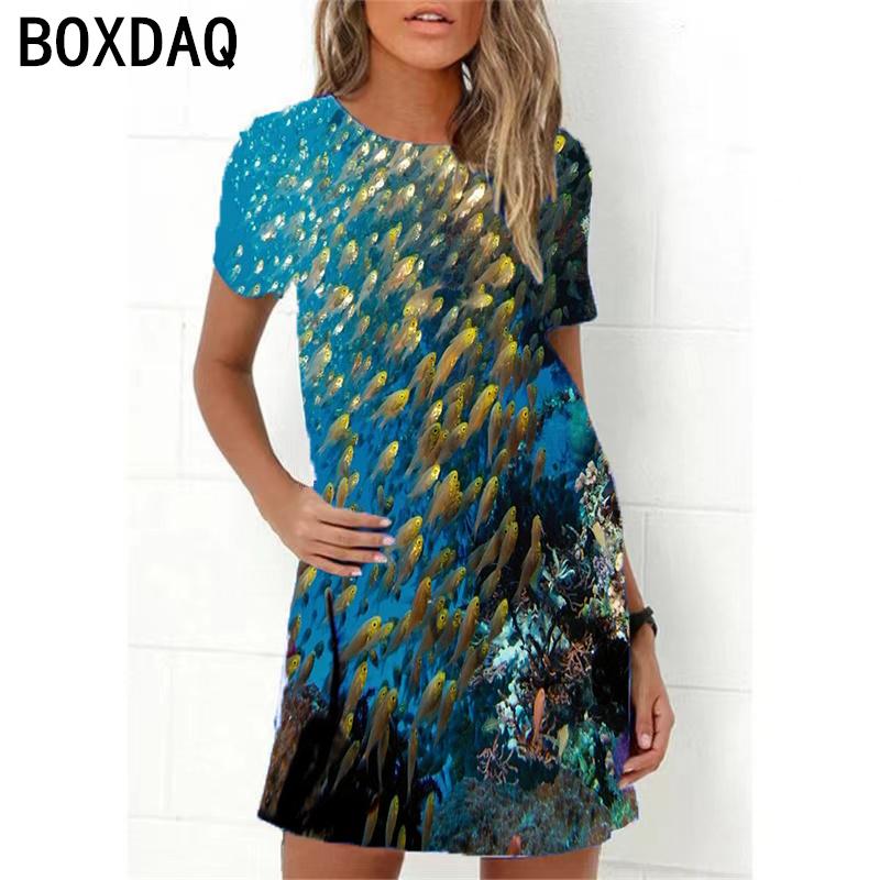 

Ocean World 3D Print Dress Women New Summer Short Sleeve Cartoon Fish A-Line Dress Oversized Loose Casual Ladies Dress 6XL