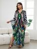 EDOLYNSA 2024 Summer Women's Green Print Loose Kaftan Dress 2024 Boho Cozy V-Neck Batwing Sleeve Beach Long Dresses Sexy Swimsuit Bikini Cover-ups