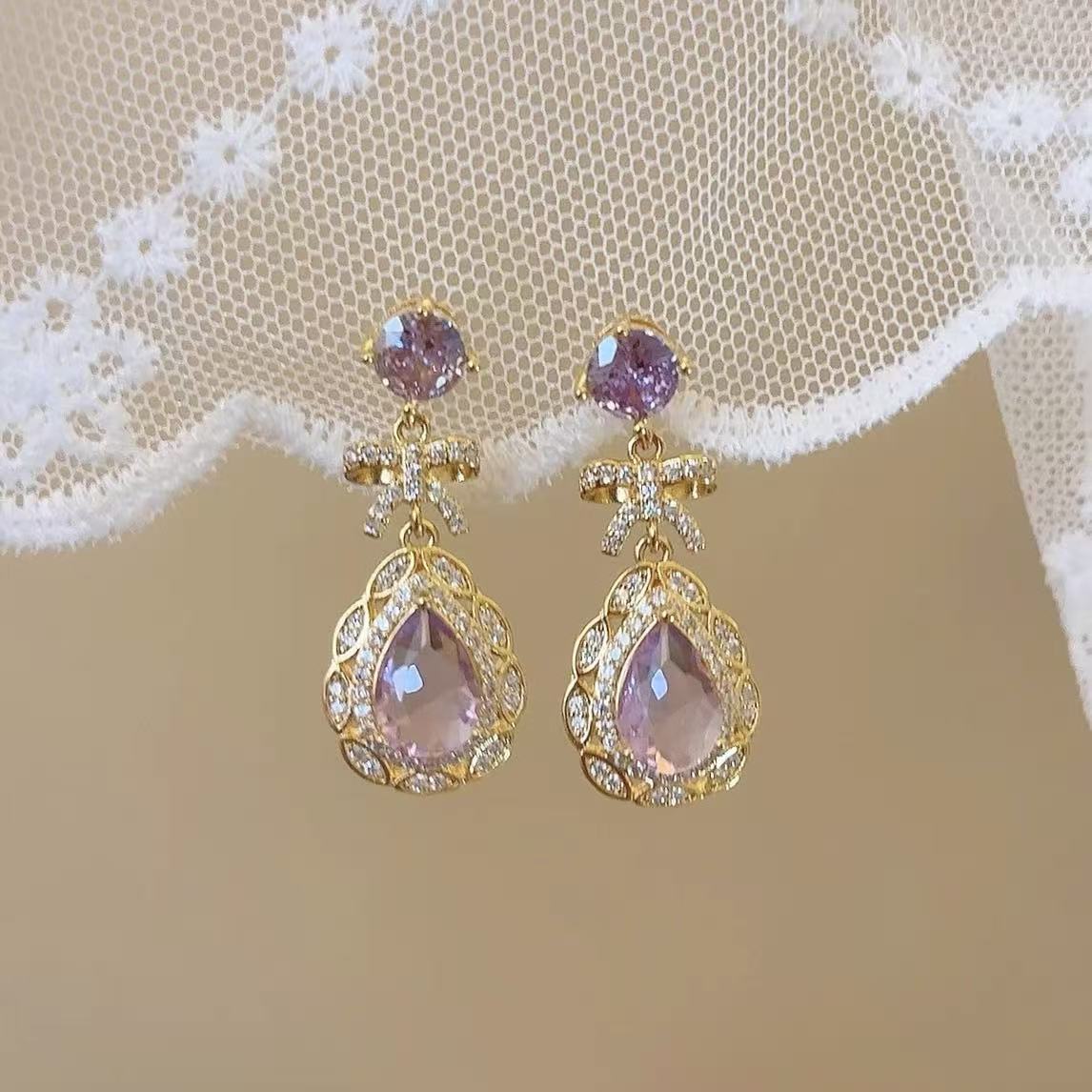 Purple Dream  French super flash purple water drop stud earrings 2025 new exquisite versatile bow earrings
