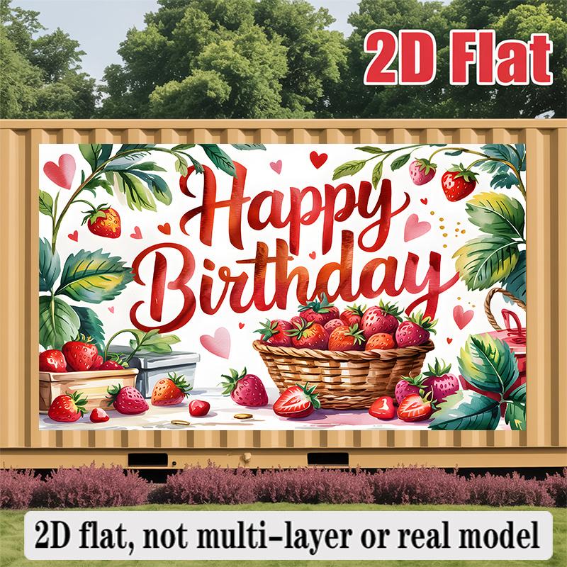 Happy Birthday Strawberry Theme, 1pc Polyester Party Backdrop Banner, Photo Booth Background, Wall Decor
