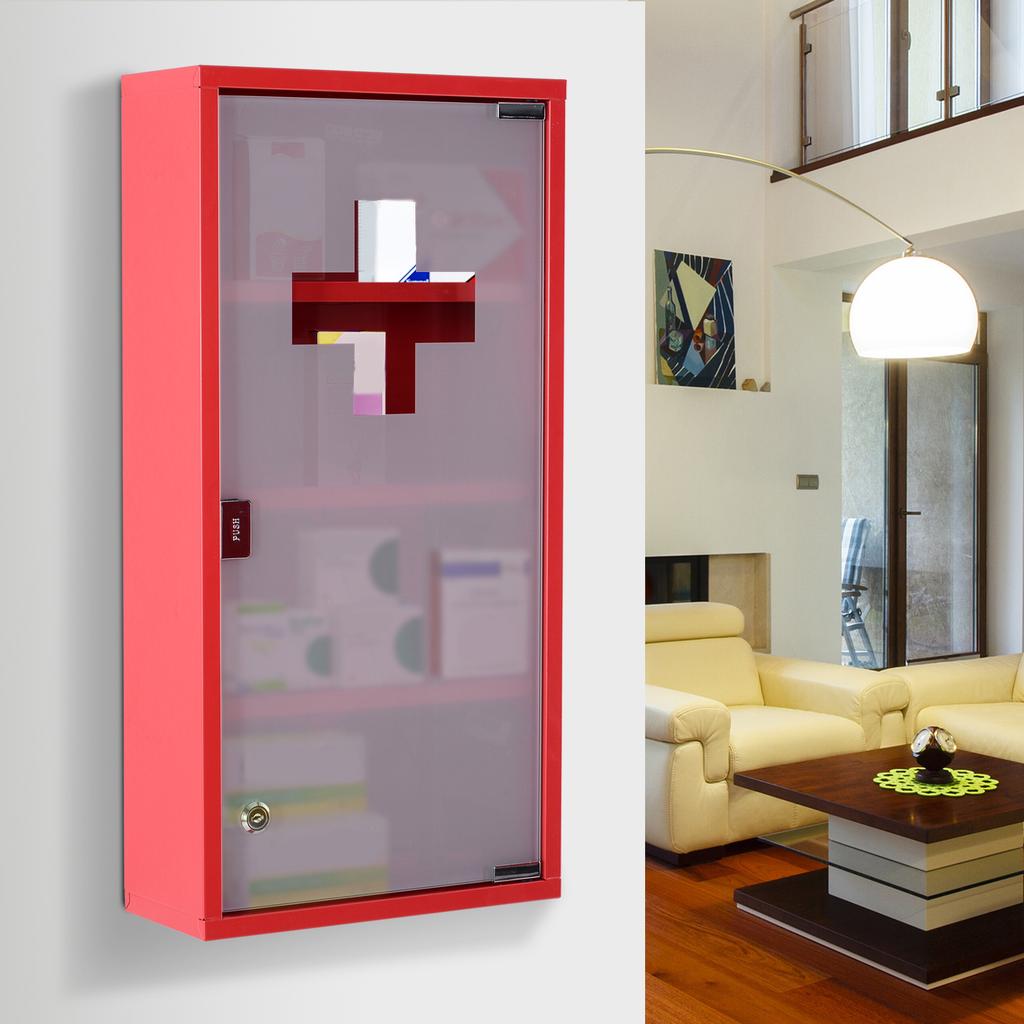Lockable Medicine Cabinet, 3-Shelf 4-Tier, Glass Door, Cross Logo, 30 x 12 x 60 cm, Red Steel