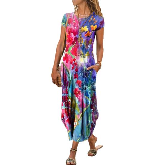 

Модное женское платье с круглым вырезом и коротким рукавом, карманы с цветочным принтом, свободное макси 2XL разноцветный