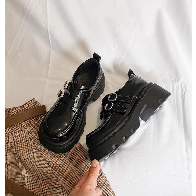 

Double buckle belt leather loafers women s spring 2025 new small thick sole height increase versatile British small leather shoes 40
