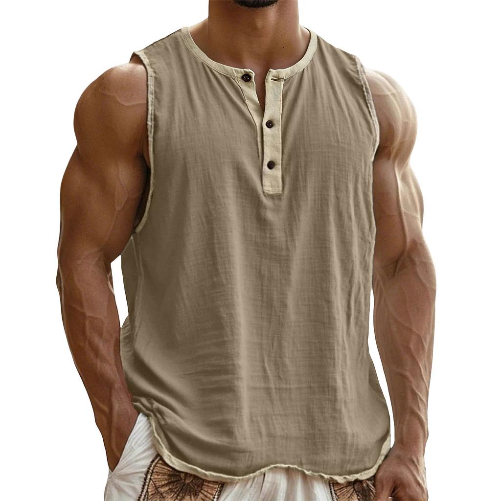 Men Color Block Sleeveless Muscle Workout Gym Shirts Casual Button Down Slim Fit Tee