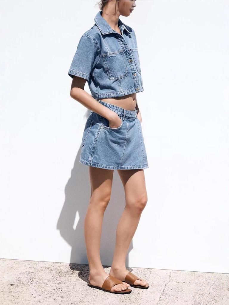 Women's Summer V-Neck Short Sleeve Top & High-Waisted Denim Two-Piece Set