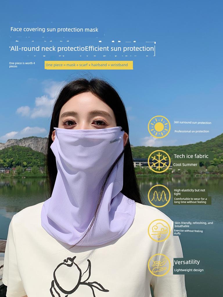 Sun Protection Mask for Women, New Model, Full Face and Neck Coverage, Cycling Sports Ear-Hanging Headscarf, Neck Protection, Ice Silk Neck Scarf