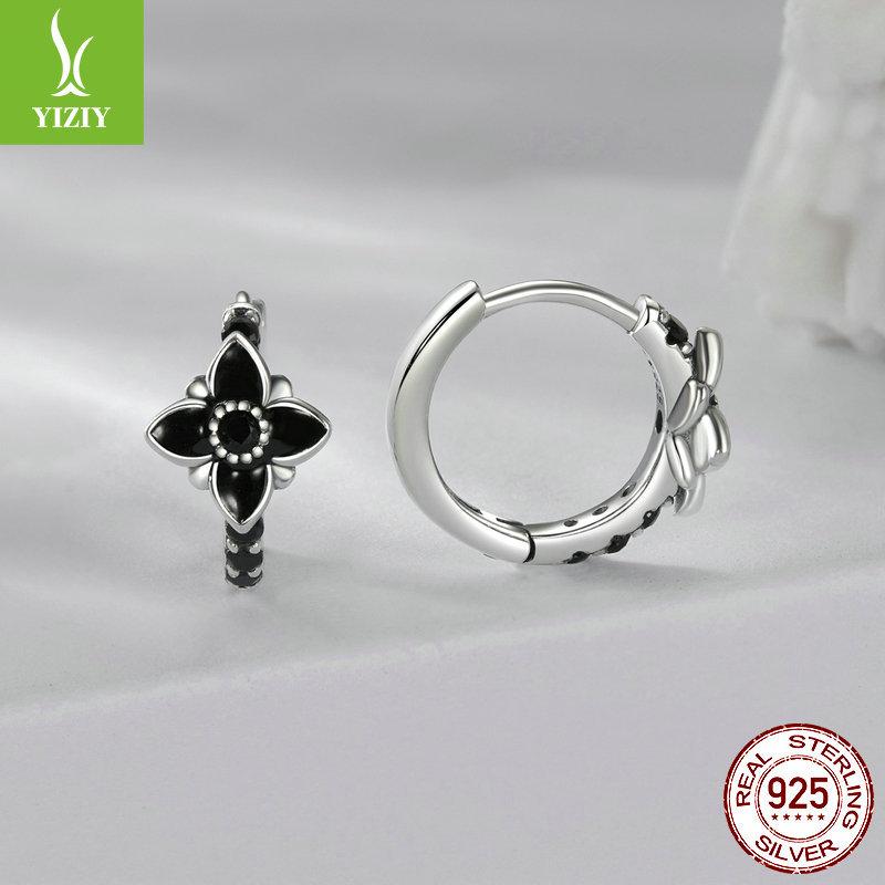 Mysterious Night Flower Ear Buckle, Glamour S925 Sterling Silver Black Flower Earrings Earrings