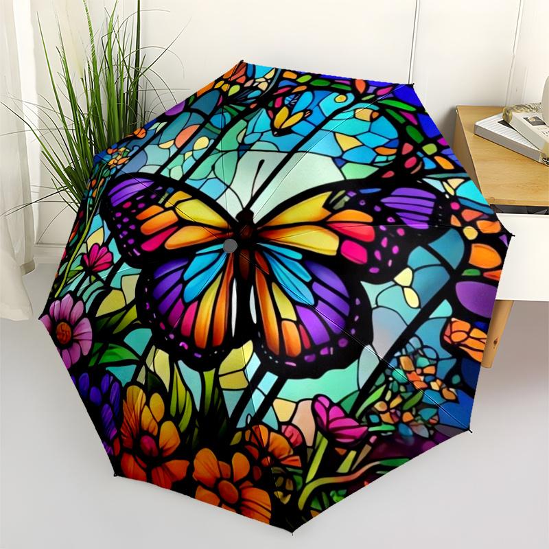 

Stained Glass Butterfly and Flowers Patterned Umbrella with 8 Iron Ribs, Plastic Handle, Fashion Design, Windproof Portable Foldable Sunshad