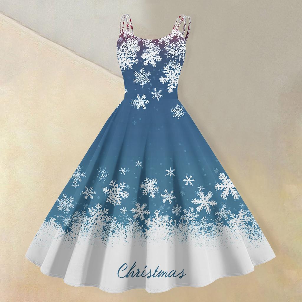 (Merry Christmas) Women's Casual Fashion Christmas Snowflake/Christmas Tree/Snowman Print Round Neck Retro Dress