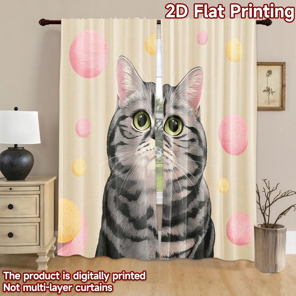 2D flat printing 2pcs Window Drapes Cute Cat Face Yarn Balls Digital Printed Polyester Drapes Holiday Decorations Perfect for