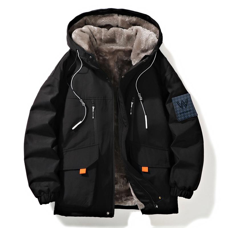 Winter Thickened Fleece Lined Jacket Men's Loose Warm Cotton Coat Youth Outerwear Hooded Casual Long Sleeve Zipper Closure Coat