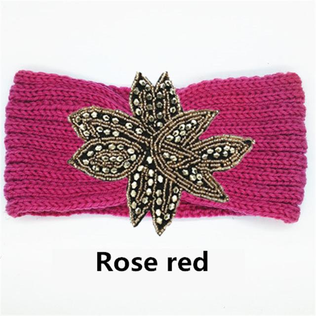 Crystal Beaded Flower Knit Headband For Women Winter Wool Ear Warmer Hairband Turban Headwrap Hair Accessories Bandeau