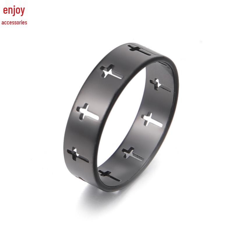 Faith Jewelry: European & American Style Hollow Cross Ring – Polished Stainless Steel Band for Men & Women