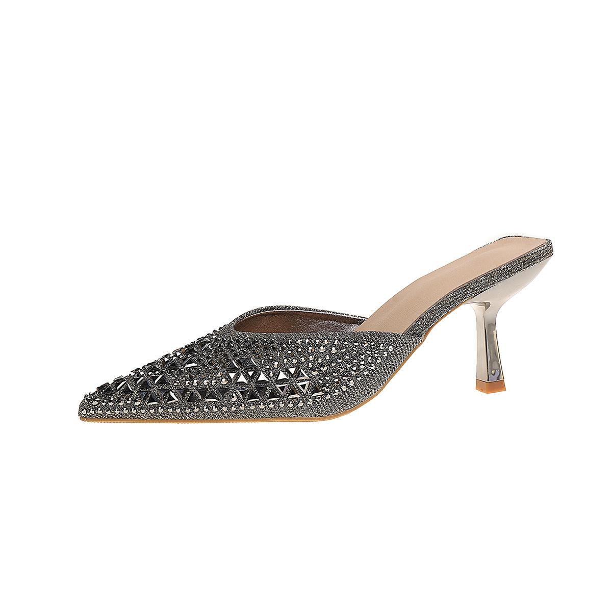 

2025 летние новые туфли-мешки со стразами на высоком каблуке с острыми каблуками на одной педали сандалии со стразами на высоком каблуке 43 шампанского