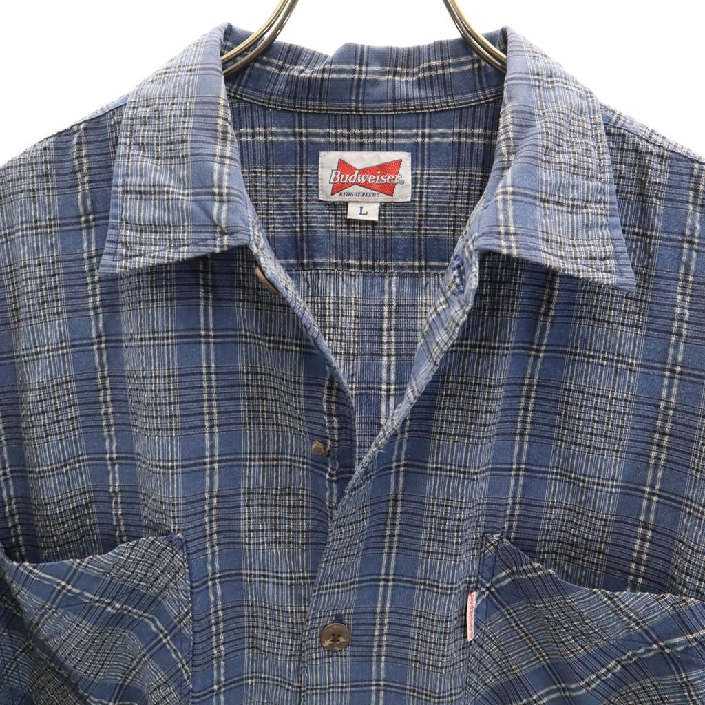 Budweiser Check Pattern Short Sleeve Shirt L Navy Seersucker Men's Used