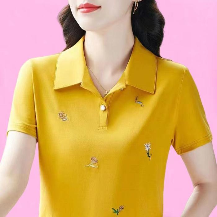 Latest Short-sleeved Women's Summer Temperament Versatile Polo Loose and Fashionable Lapel Shirt Printed Top T-shirt