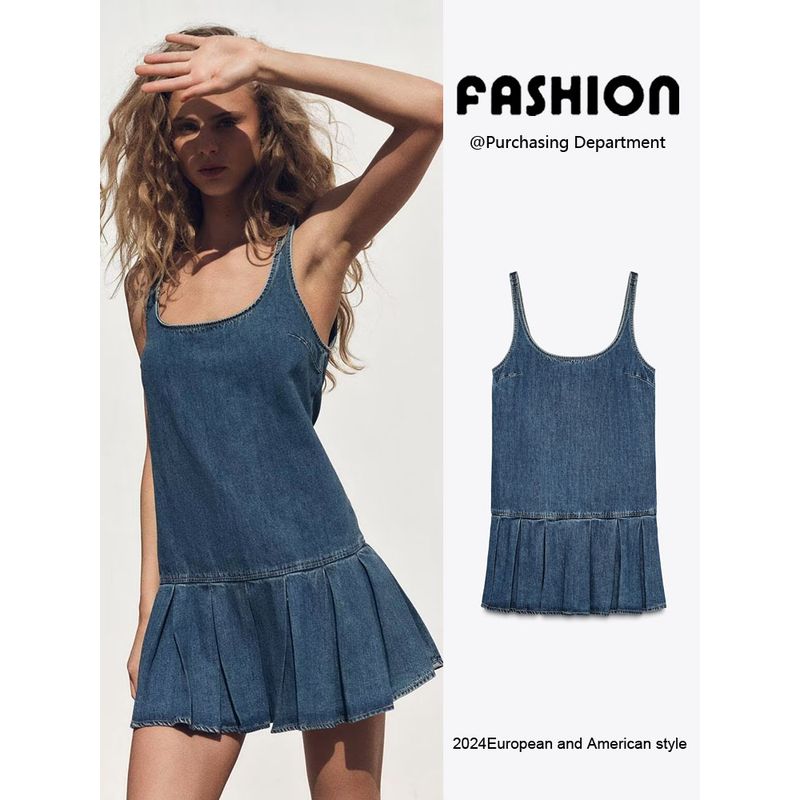 Za2025 Summer New Product Women's Clothes Wide Pleated Shoulder Strap round Neck Denim Sleeveless Vest Dress 4365081 401