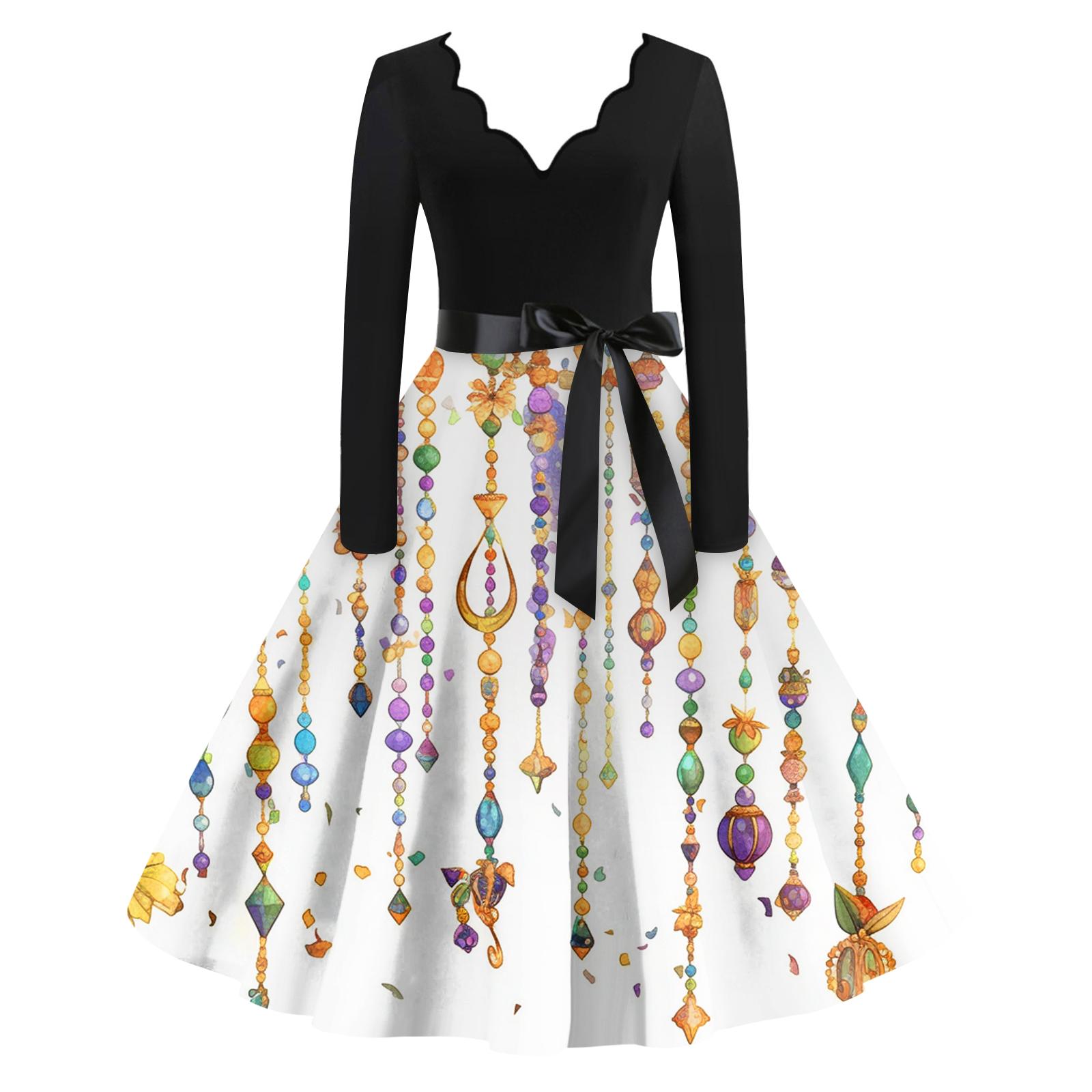 

Женское повседневное модное платье с V-образным вырезом и длинным рукавом с принтом в винтажном стиле XL