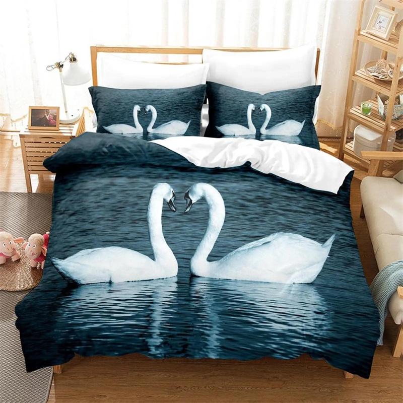 Husa de plapumă cu trandafir roșu și lebădă neagră și albă Cuvertură romantică cu flori Paturi cu animale sălbatice pentru decor cameră de zi Femeie Doamnă Nuntă