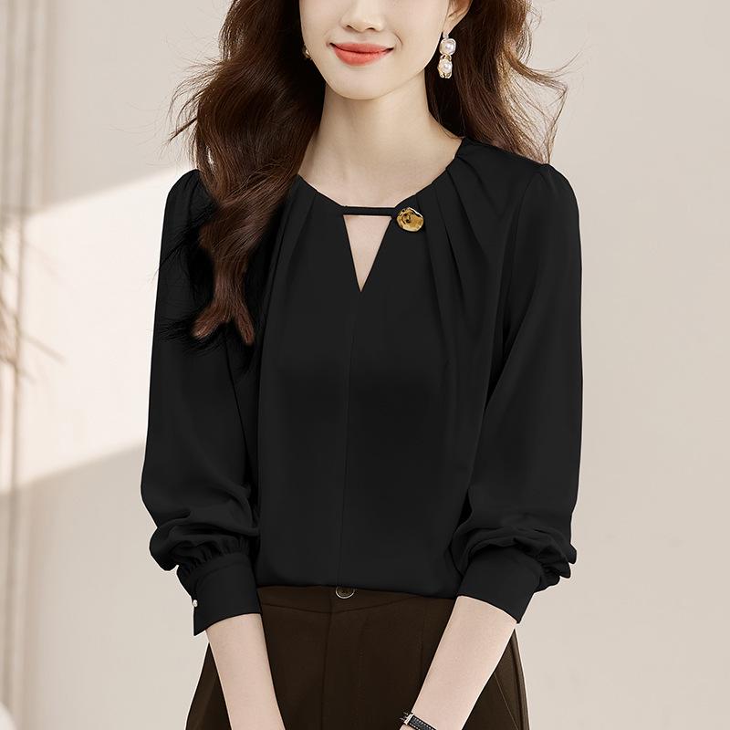 2026 Spring/Autumn Women's Stylish Long Sleeve Chiffon Top - Loose, Slimming, and Belly-Hiding Shirt