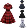 Women Fashion British Turn Down Collar Plaid Print Short Sleeve Knee-legth Dress