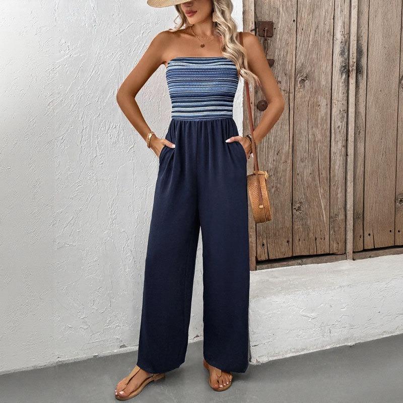 Women's Summer Casual Simple Romper Elastic Patchwork Striped Romper