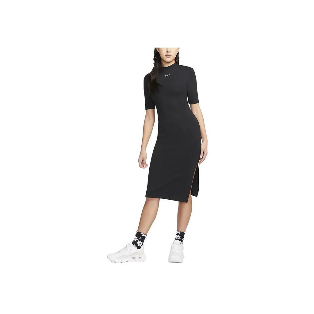 Nike Sportswear Essential Logo Embroidered Side-Slit Midi T-Shirt Dress Women Dress Black DV7879-010