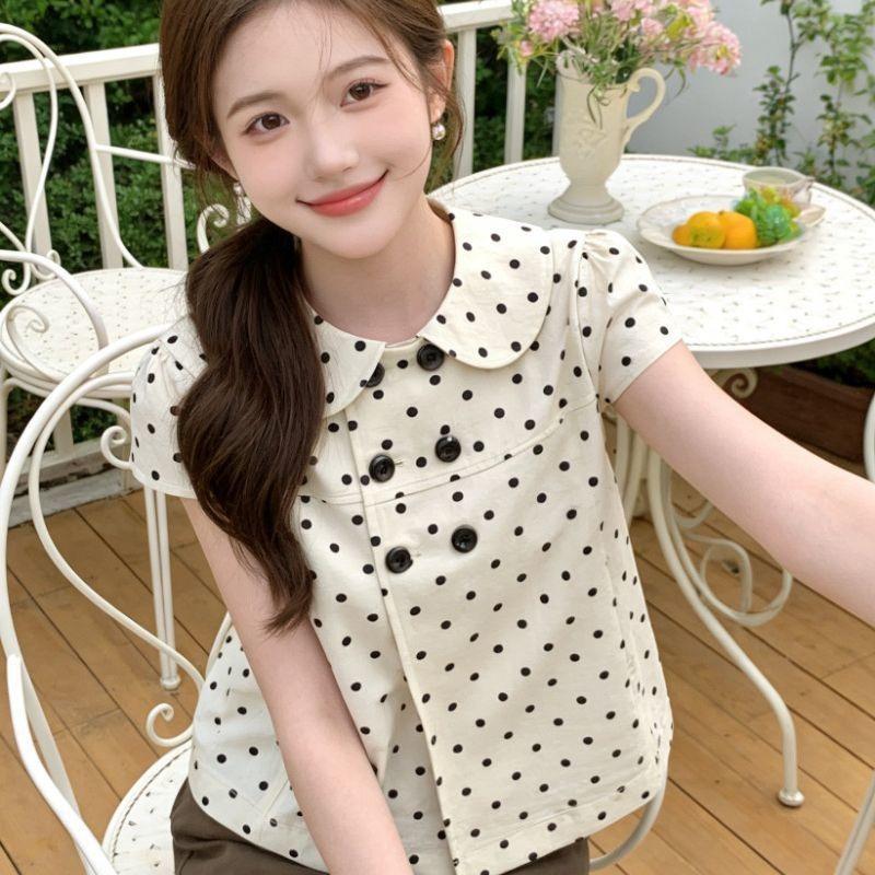 Women White Polka Dot Peter Pan Collar Short Sleeve Double Breasted Cropped Casual Blouse