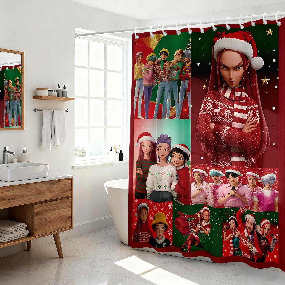 

1Pc Christmas K-Pop Demon Hunters Print Waterproof Shower Curtain Partition Privacy Hanging Curtain With 12 Hooks Multiple Size 90x180cm