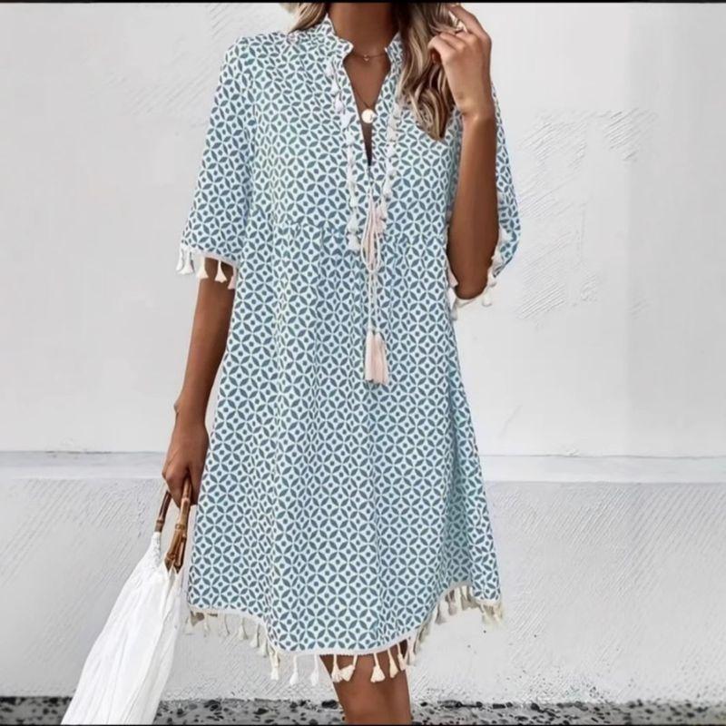 

Tassel Dress2025 European and American Summer New Print V-neck Tassel Bohemian Half Sleeve Dress Light blue L