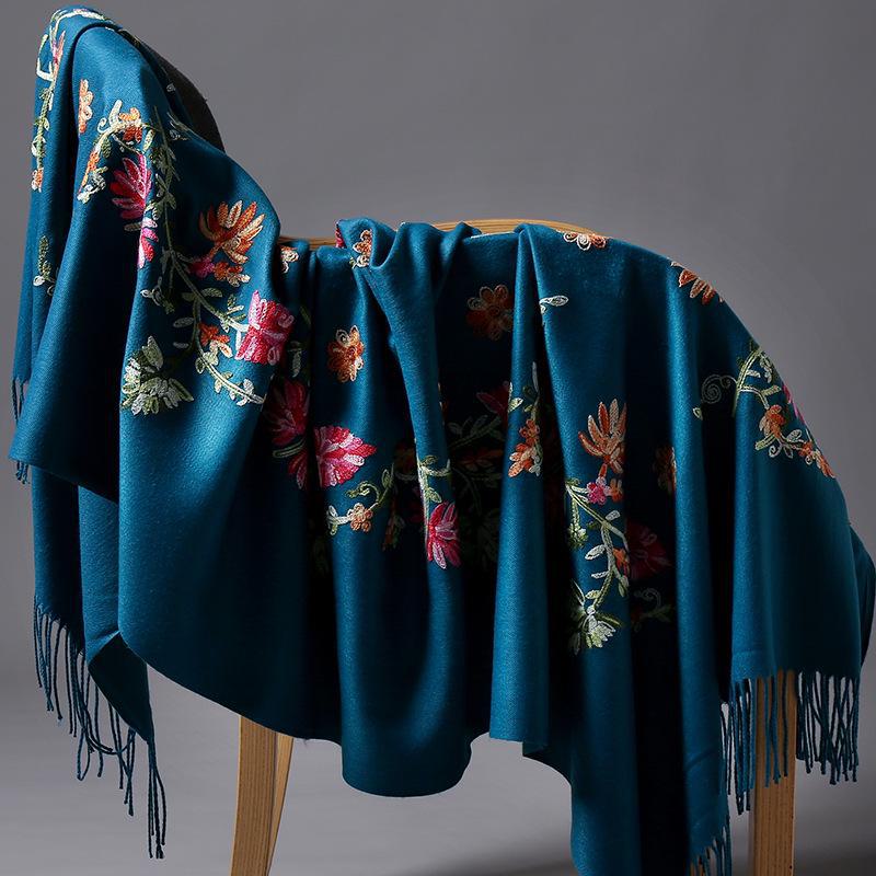Yunnan Lijiang Women's Ethnic Embroidered Black Tassel Shawl, Thick and Warm, Imitation Cashmere, Oversized for Autumn and Winter